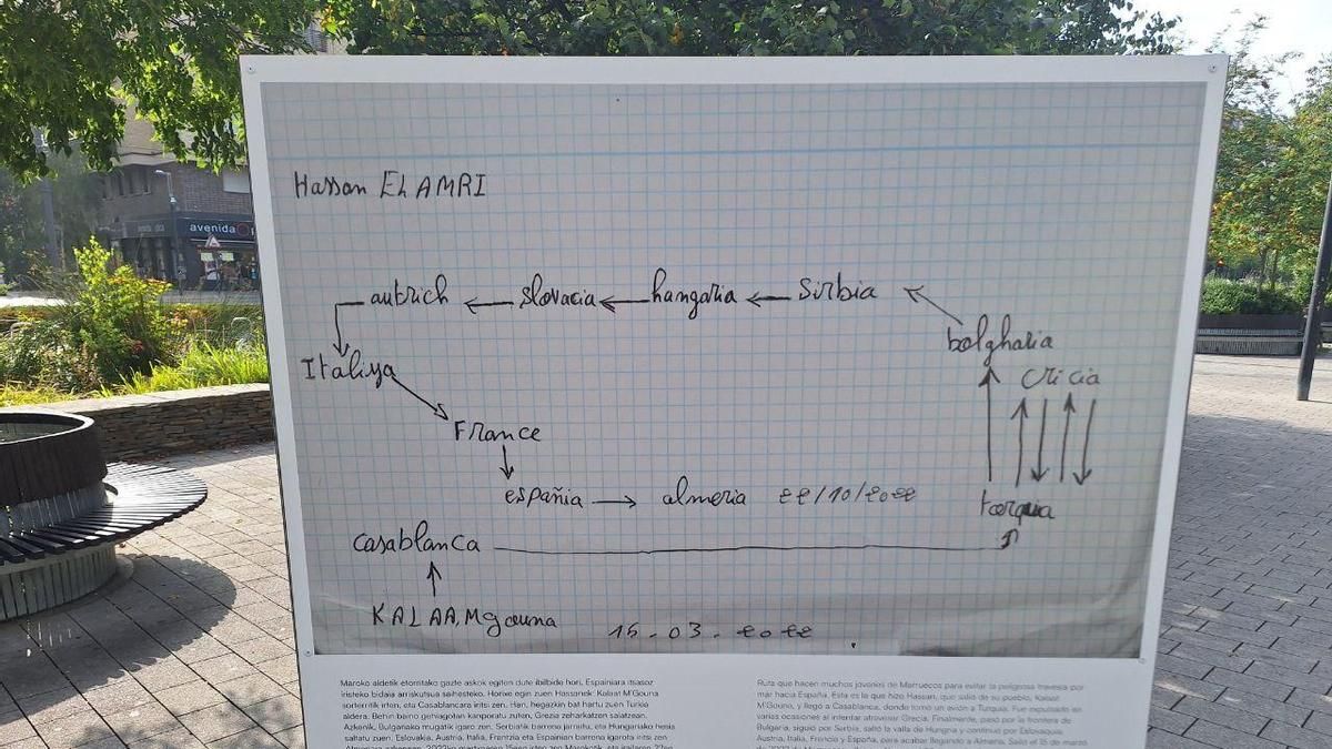 la ruta que hacen muchos jóvenes de Marruecos, dibujada en uno de los panele de la exposición