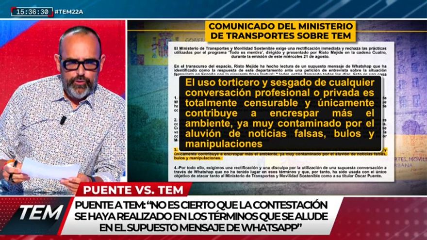 El Ministerio de Transportes exige "una rectificación" a 'TEM' y Risto se niega: "No puedo rectificar lo que no existe"