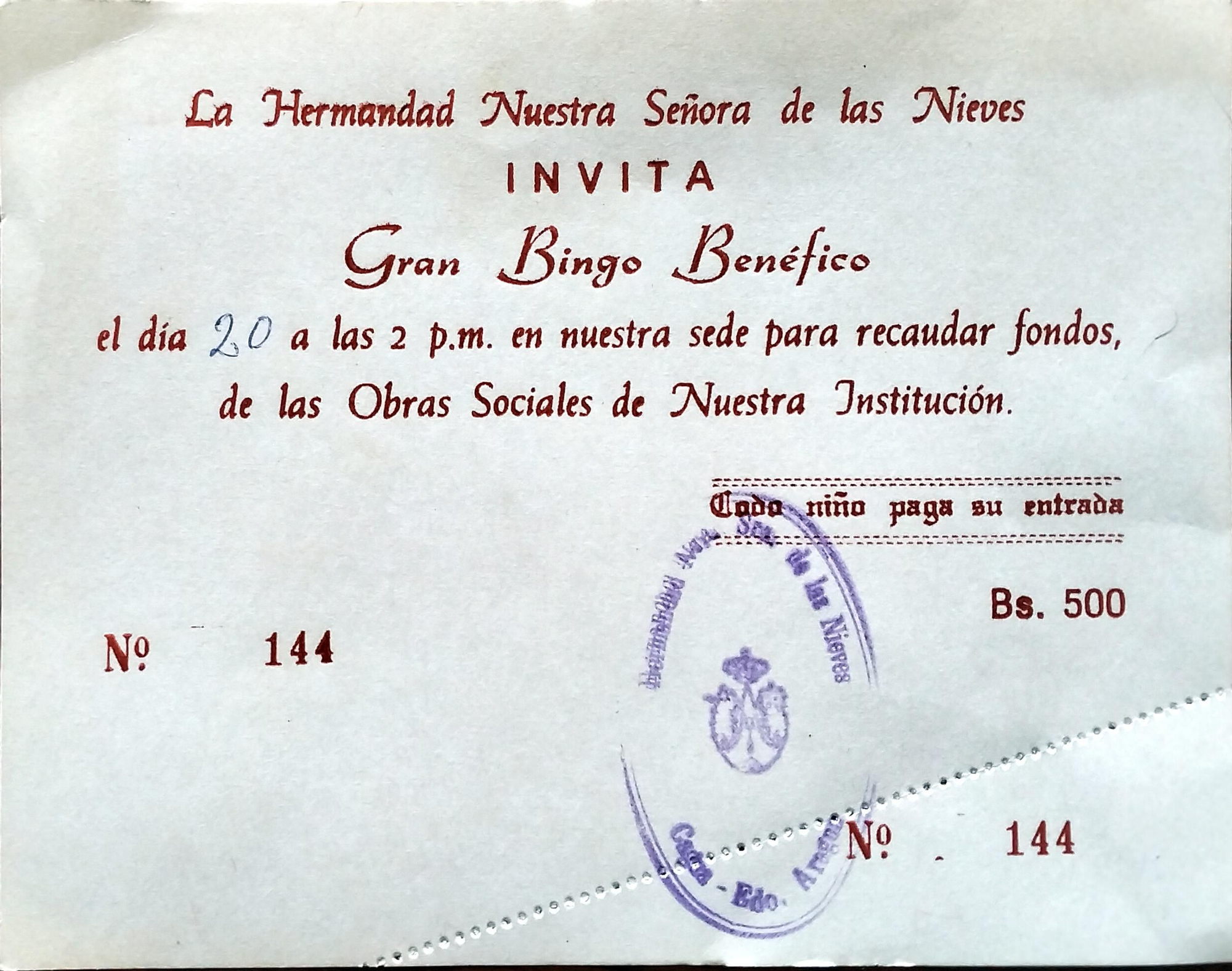 Entrada para uno de los bingos benéficos organizados por la Hermandad de Nuestra Señora de las Nieves de Cagua con el fin de recaudar fondos para sus obras sociales. S. f. Archivo de la Hermandad de Nuestra Señora de las Nieves de Cagua.