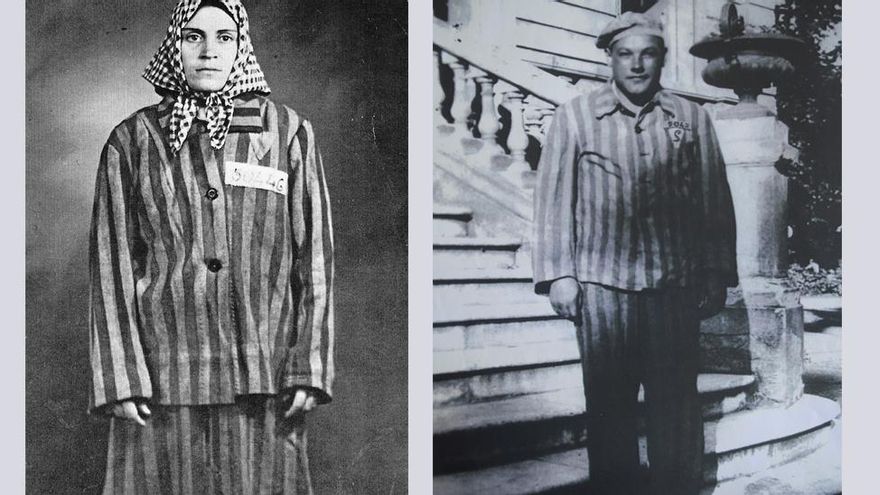Neus Català y Esteban Pérez con sus uniformes rayados de Ravensbrück y Mauthausen