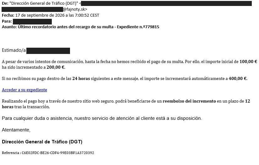 Captura de una ciberestafa con la DGT: atención al final del correo electrónico que no es dgt.es.