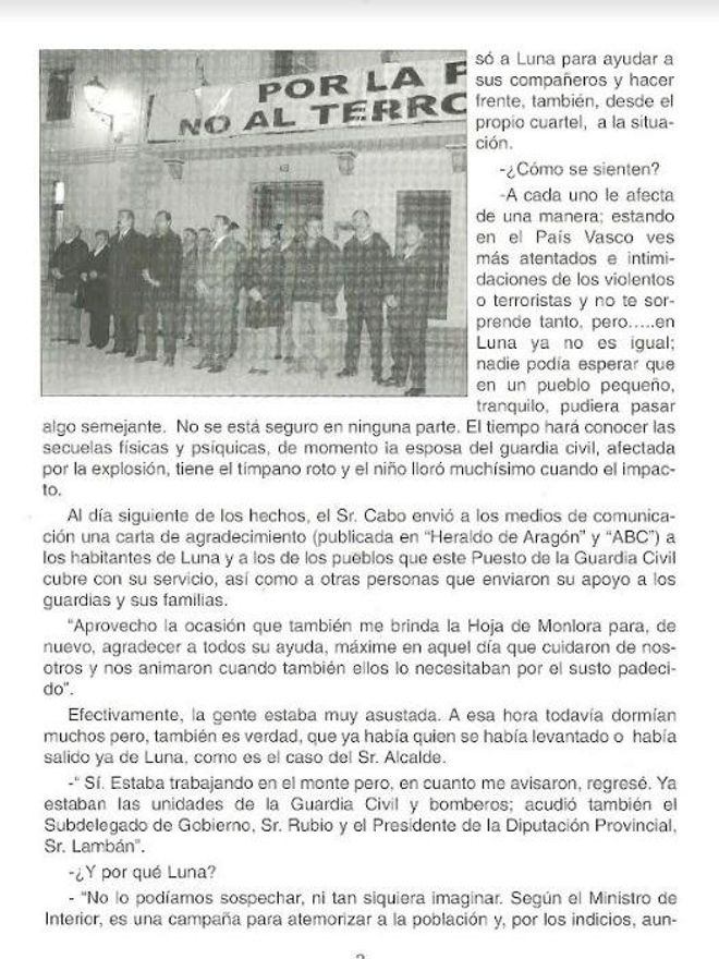 Hoja de Monlora tras el atentado en la Casa Cuartel