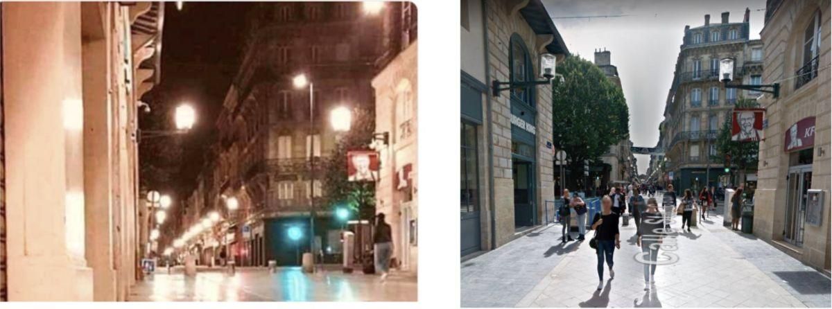 Comparación con la fotografía difundida en el bulo y Google Street View, que confirma que la calle es rue Sainte-Catherine, en Francia.