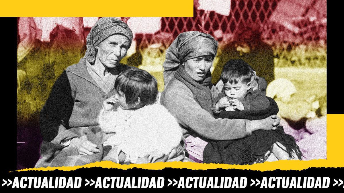 Montaje: la bandera de la Segunda República bajo refugiadas españolas en la frontera francesa en el 1929 en una foto de August Chauvin