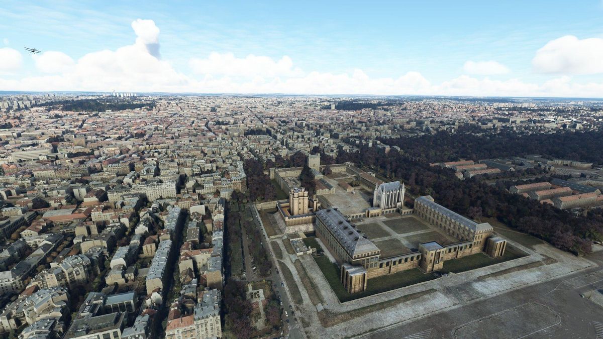 A vista de pájaro. El Castillo de Vincennes junto a su pequeña ciudad. la zona se ha integrado totalmente en la trama urbana de las periferias de París.