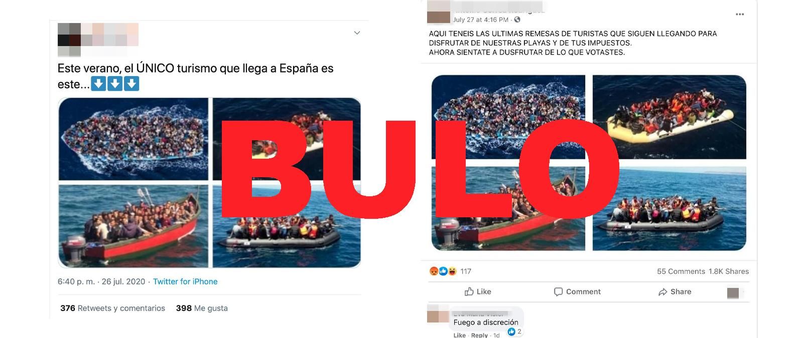 Publicaciones difundiendo bulos sobre inmigrantes llegando en pateras a España.