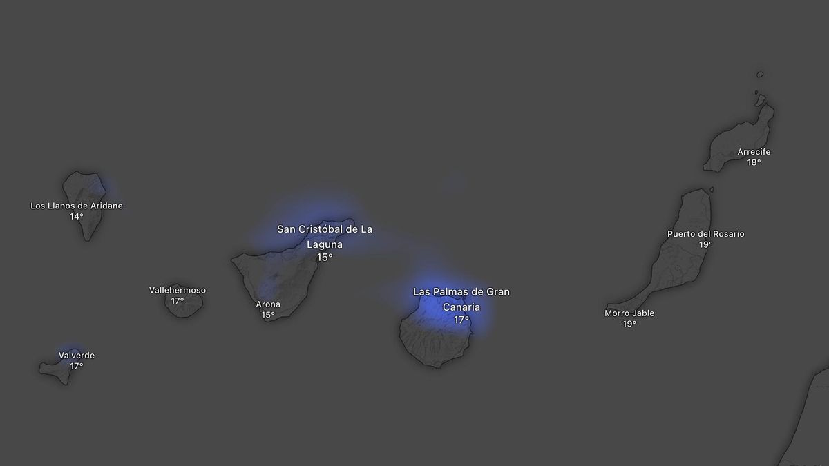 Mapa de acumulación de lluvia en Canarias hasta este viernes.