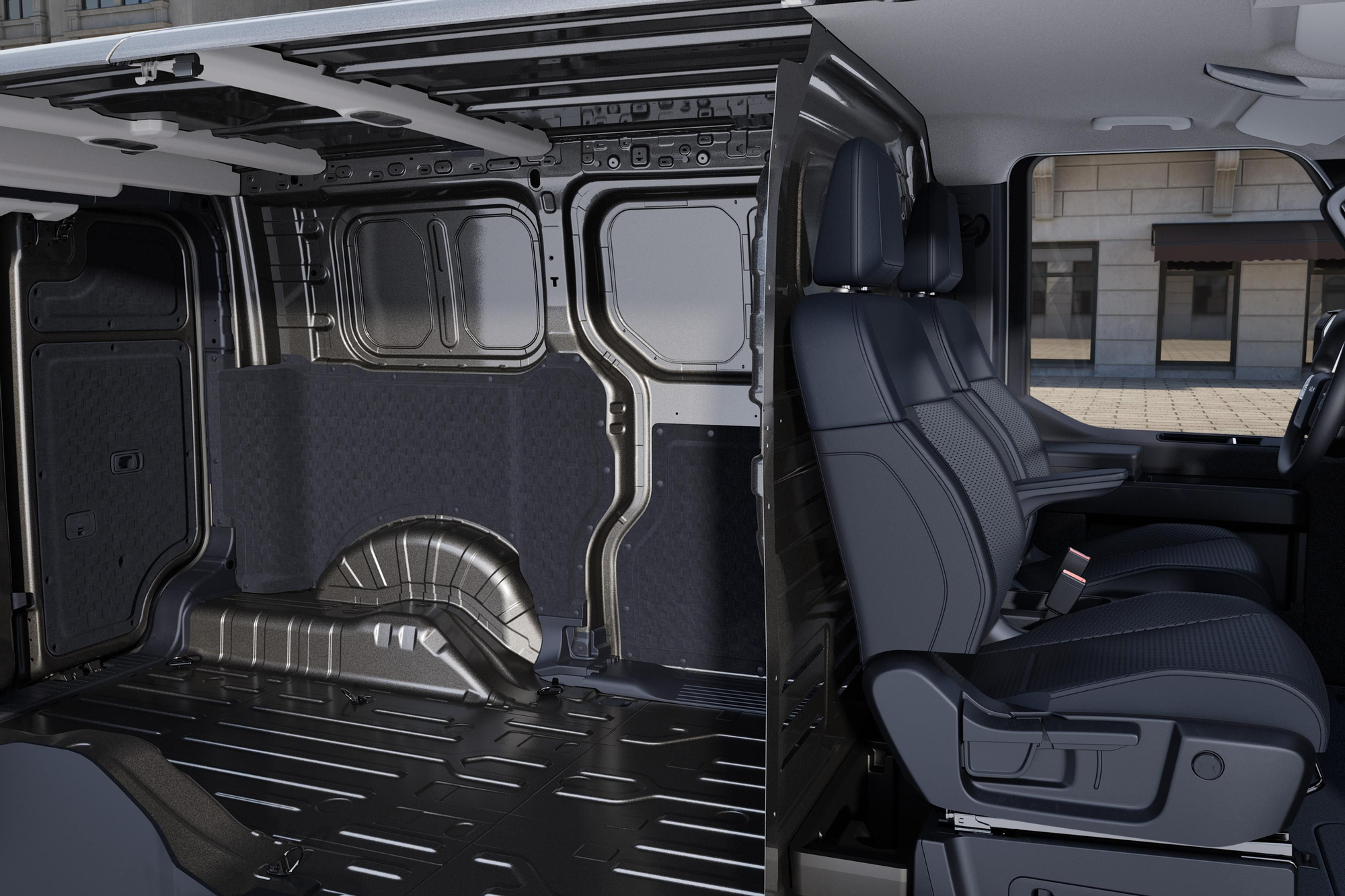 Sección lateral del vehículo con la cabina y la caja de carga separadas.