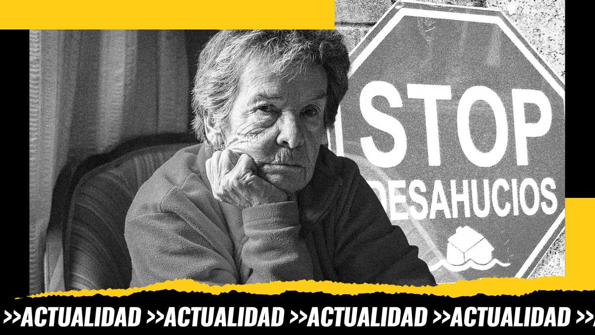 Montaje: un cartel de Stop Desahucios junto a Maricarmen, la mujer de 87 años que Urbagestión Desarrollo e Inversión SL quiere echar de su casa
