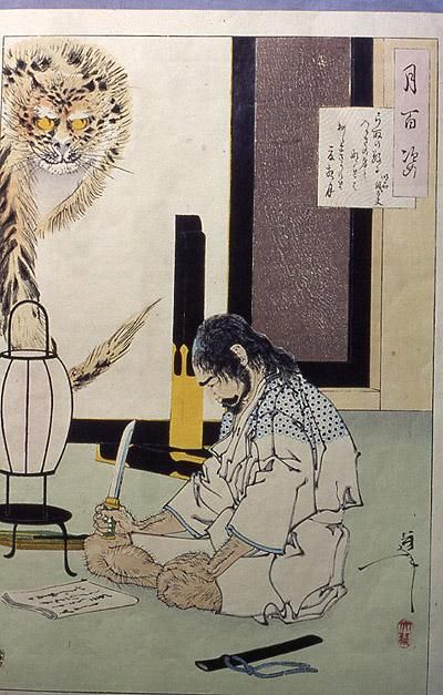 Adaghi Gidayu antes de suicidarse. Serie, 100 aspectos de la luna. Yoshitoshi. Impreso en 1890