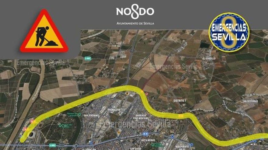 Cortes en la SE-020 en Sevilla tras la borrasca Joseph