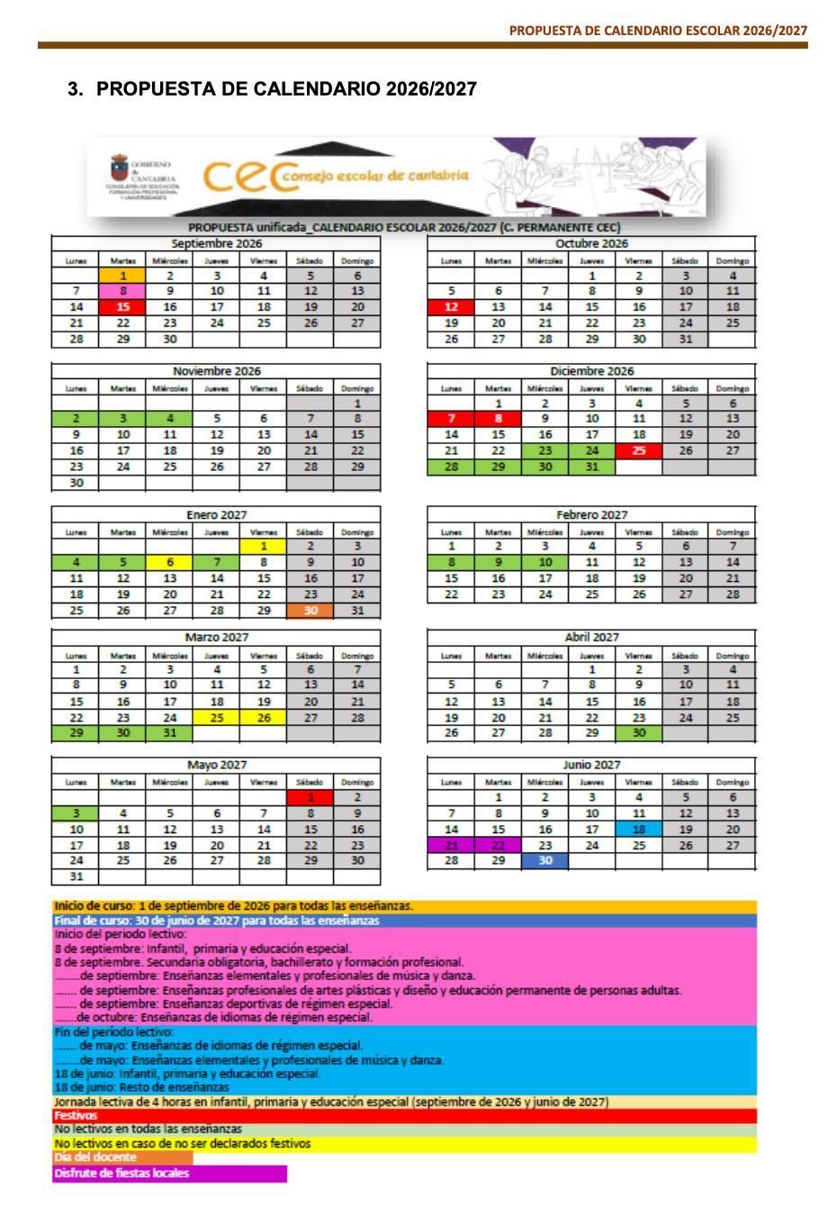 Propuesta del calendario del Consejo Escolar de Cantabria