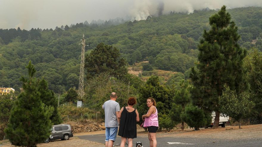 Un grupo de vecinos del municipio de La Orotava observa el avance del incendio forestal, este viernes en Tenerife.