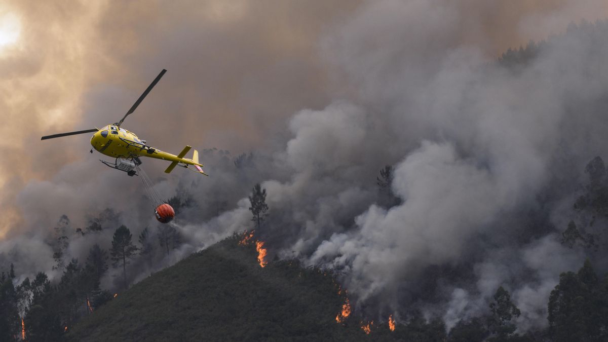 Un helicóptero trabaja en el incendio forestal en la localidad asturiana de Peñaflor (Grado), el pasado fin de semana.
