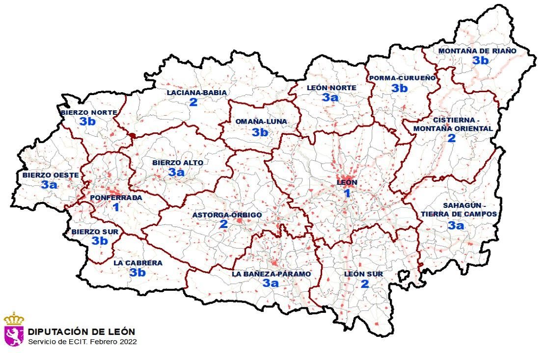 Mapa de comarcas y tipo de parques de bomberos provinciales en León que marca el Sepeis.