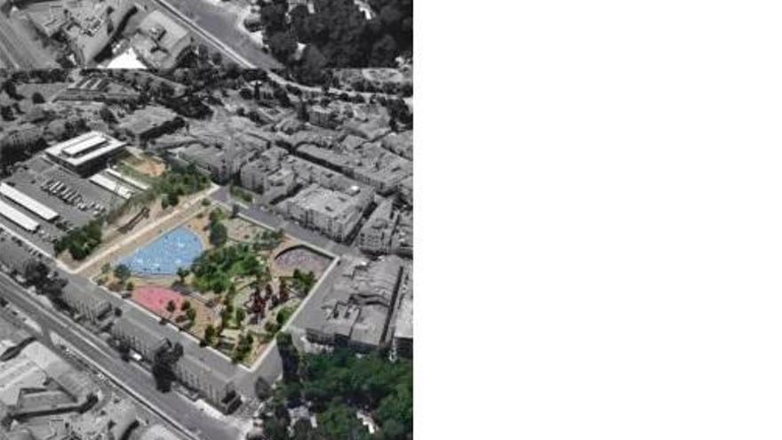 Situación del parque que se sitúa en el centro: arriba arbolada la zona junto al Anfiteatro romano, y a la izquierda el aparcamiento y el llamado 'Museo Abierto de Mérida'