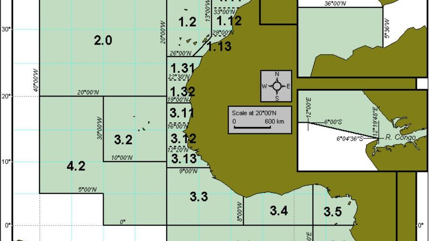 División numérica del 'Atlántico este-central'. La zona '1.13' corresponde a la mediana entre Canarias y Marruecos.