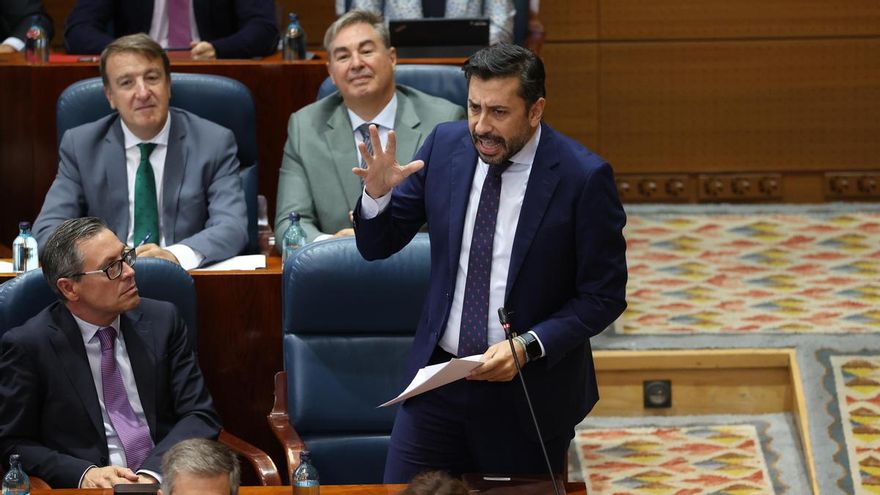 El portavoz del PP en la Asamblea de Madrid, Carlos Díaz-Pache, interviene durante un pleno en la Asamblea de Madrid, este jueves.