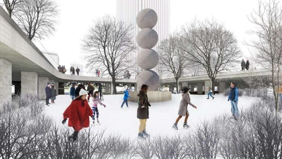 Recreación de la pista de patinaje sobre hielo, situada en invierno sobre la de baloncesto
