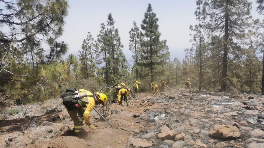 Brigadas de Refuerzo de Incendios Forestales consolidan el perímetro del flanco derecho para estabilizarlo después que las llamas se extinguieran al llegar al Parque Nacional del Teide.