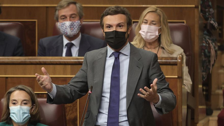 El líder del PP, Pablo Casado, interviene en una sesión de control al Gobierno en el Congreso de los Diputados