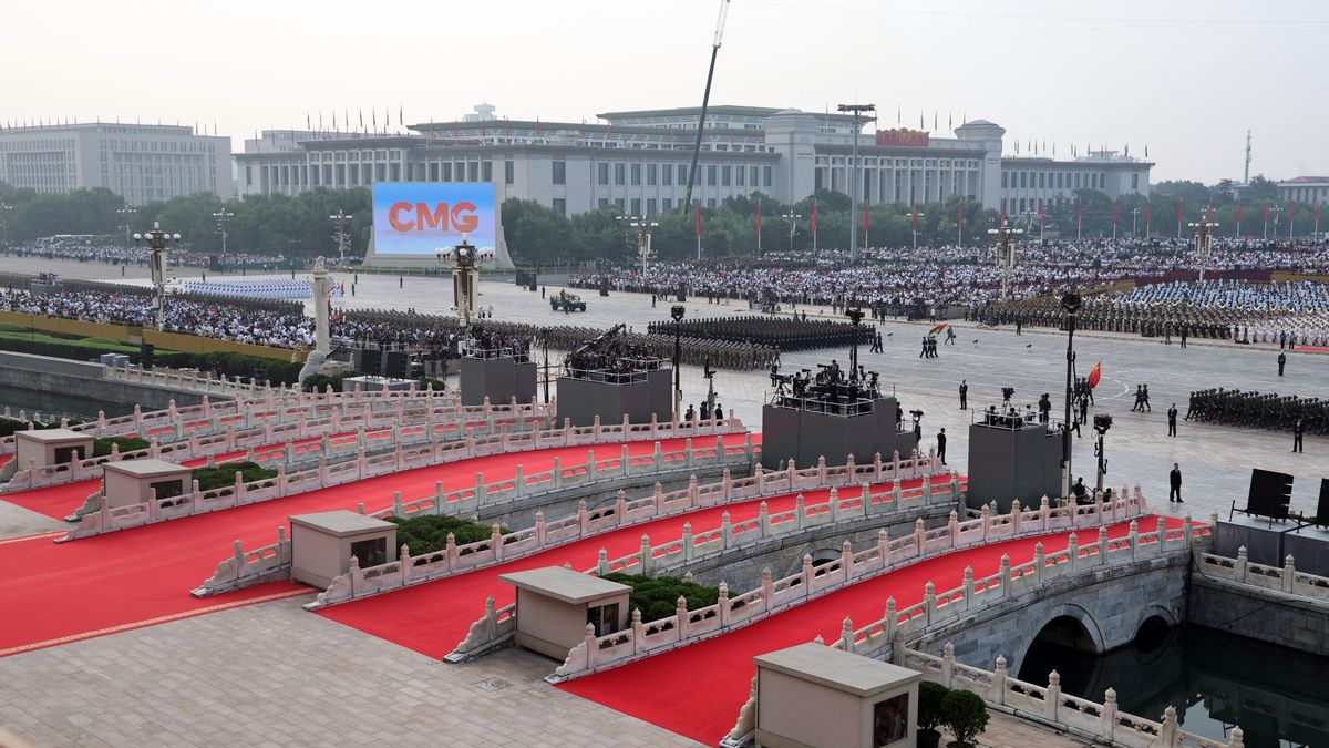 Vista de la Plaza de Tiananmen antes del desfile militar que marca el 80º aniversario del final de la Segunda Guerra Mundial.