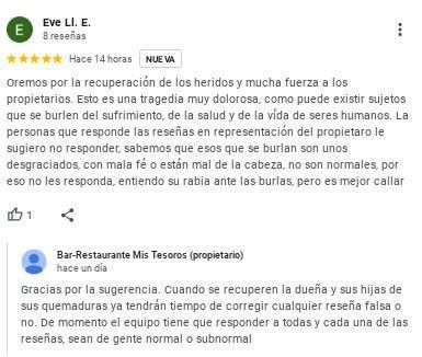 Comentario en defensa del local y respuesta de la propiedad.