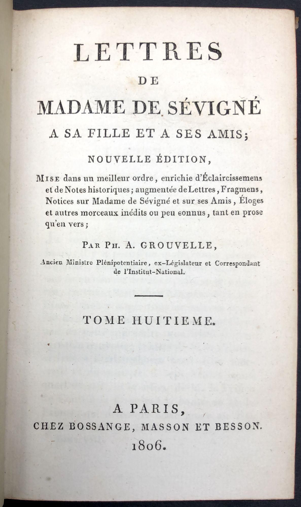 Edición de 1806 de las "Cartas a su hijo y amigos" de Madame de Sévigné.