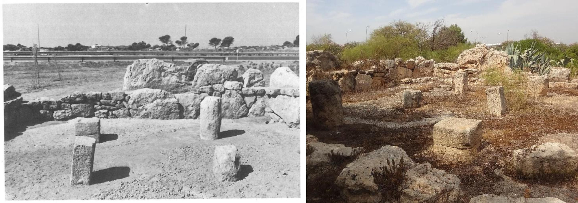 El santuario trasladado a la mediana de la autopista. Cuando fue trasladado en los años 70 y en la actualidad.
