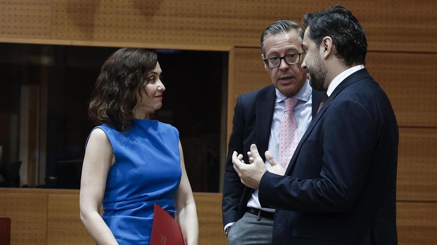 La presidenta de la Comunidad de Madrid, Isabel Díaz Ayuso, conversa con el senador Alfonso Serrano (2i) y el portavoz del grupo Carlos Díaz-Pache