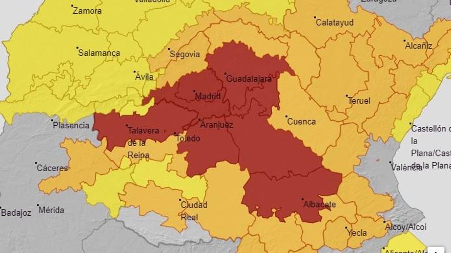 Mapa con los avisos rojo y amarillo por nieve que afectan a Castilla-La Mancha