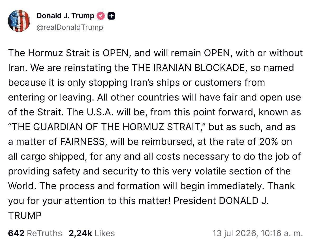 Truth Social de Trump sobre Ormuz.