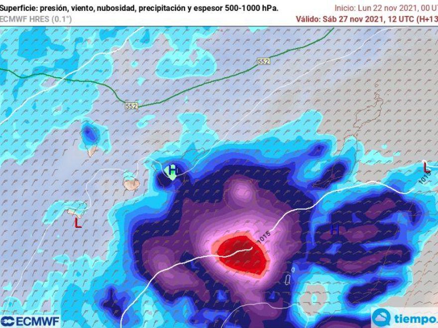 Las precipitaciones serán muy fuertes al sur de Gran Canaria desde el mediodía de este sábado. / MODELO EUROPEO