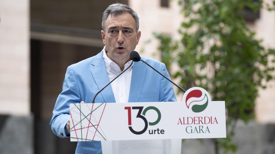 El presidente del EBB del PNV, Aitor Esteban, durante su intervención en la celebración del 130 aniversario de la fundación de EAJ-PNV, a 28 de julio de 2025, en Bilbao