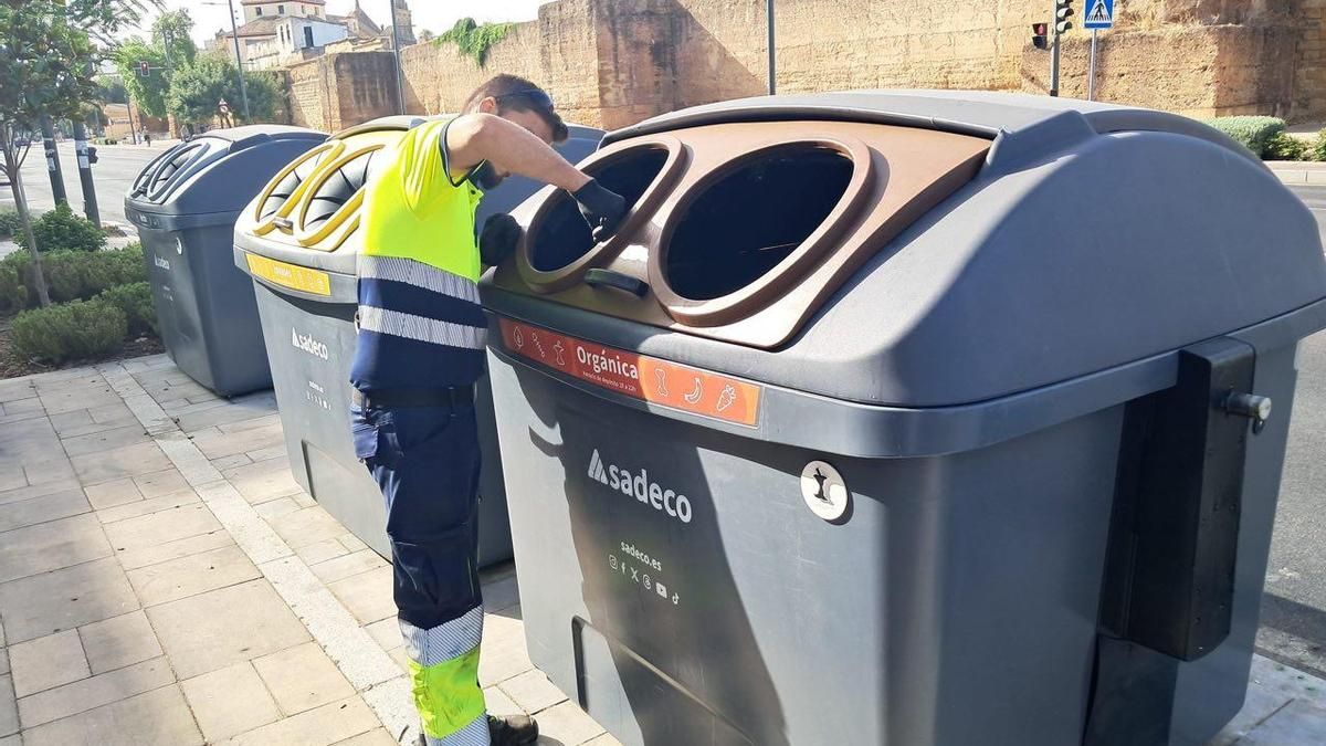 Un operario de Sadeco retira las gomas de las bocas para depositar la basura en los contenedores.