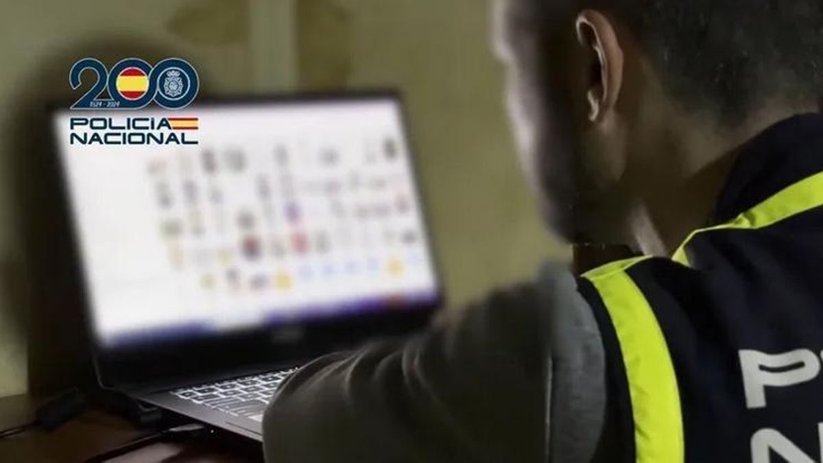 Un policía nacional, inspeccionando documentos de un ordenador.