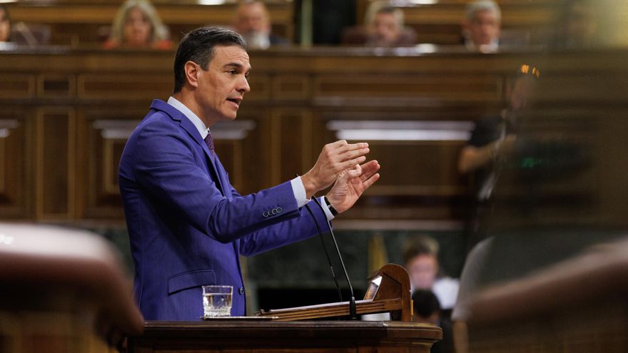 El presidente del Gobierno, Pedro Sánchez, interviene durante un debate de la moción de censura, en el Congreso de los Diputados.
