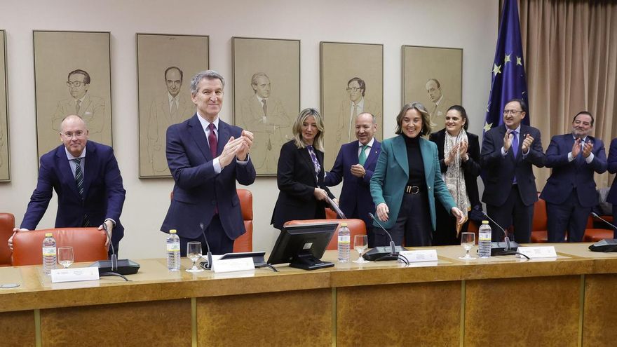 El líder del PP, Alberto Núñez Feijóo, acompañado por su portavoz en el Congreso, Miguel Tellad, a su llegada para presidir la reunión de sus grupos parlamentarios en el Congreso y el Senado