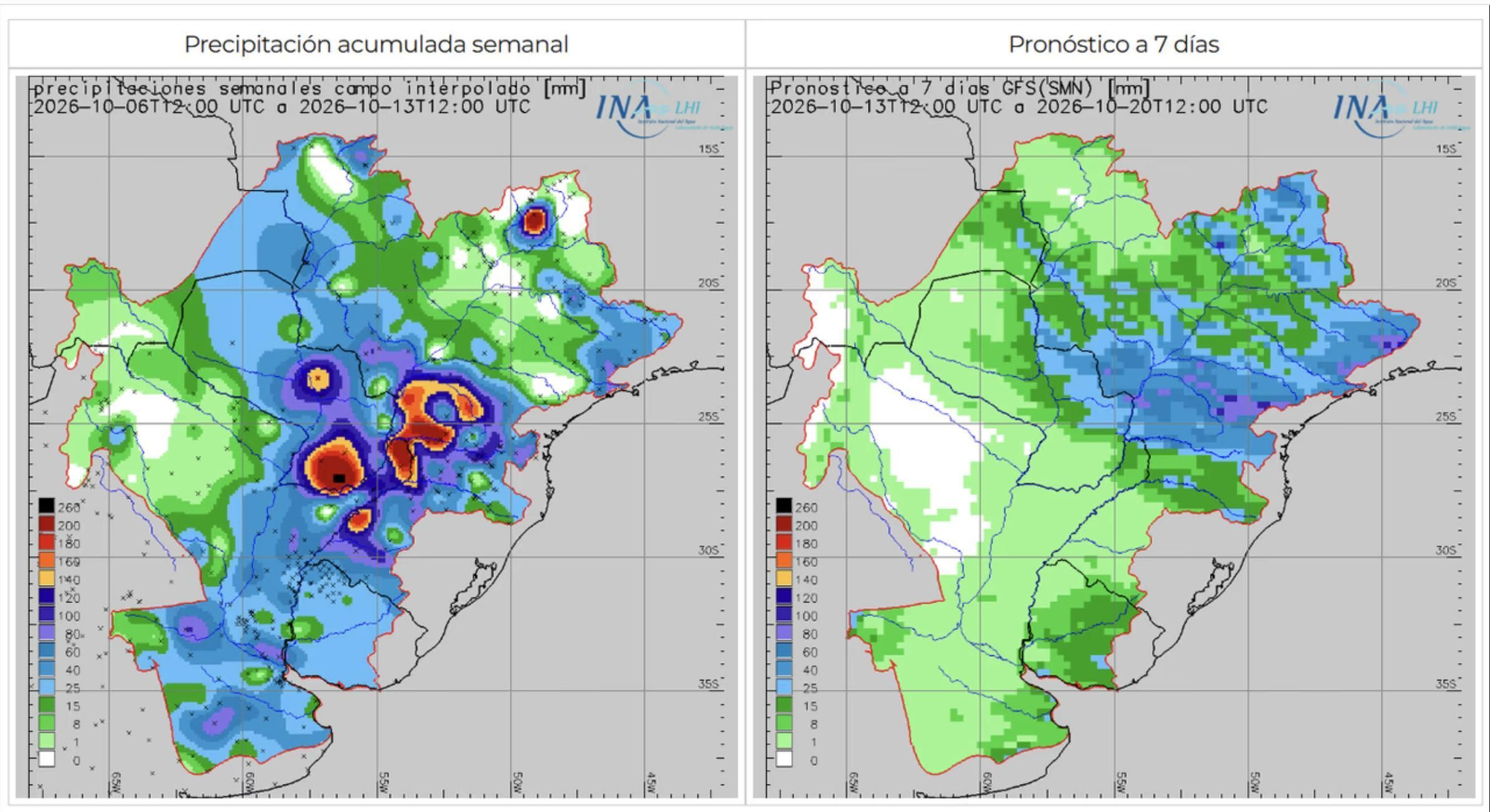 Las previsiones numéricas de precipitación para los próximos siete días indican el probable desarrollo de eventos precipitantes, concentrados principalmente sobre el sector noreste de la Cuenca del Plata.