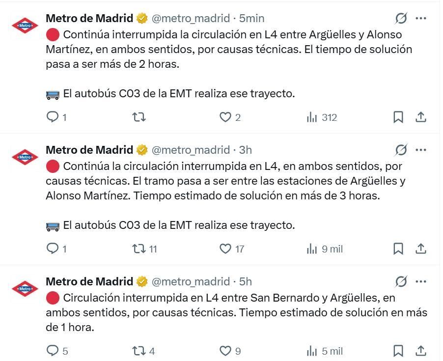 Mensajes de Metro de Madrid sobre diferentes plazos para la solución de la avería en línea 4