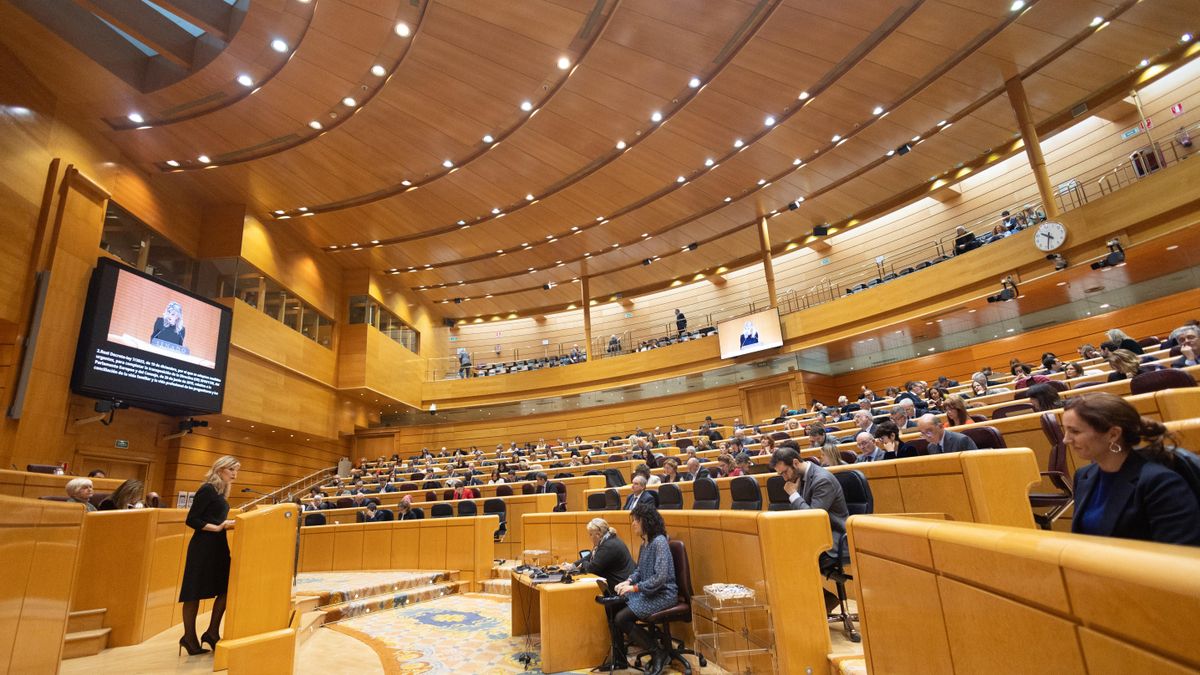 La vicepresidenta segunda y ministra de Trabajo, Yolanda Díaz, interviene durante un pleno del Congreso de los Diputados, en el Palacio del Senado, a 10 de enero de 2024