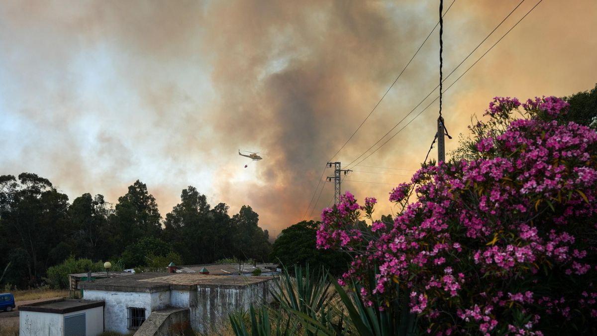 Columna de humo por Gibraleón provocada por el incendio que se originó este lunes en un paraje de Villanueva de los Castillejos.