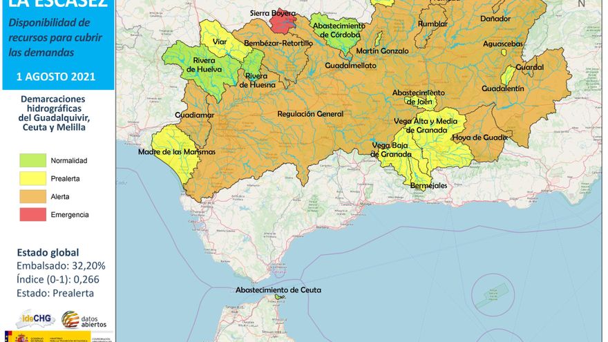 Mapa sobre la escasez de agua de la Confederación del Guadalquivir