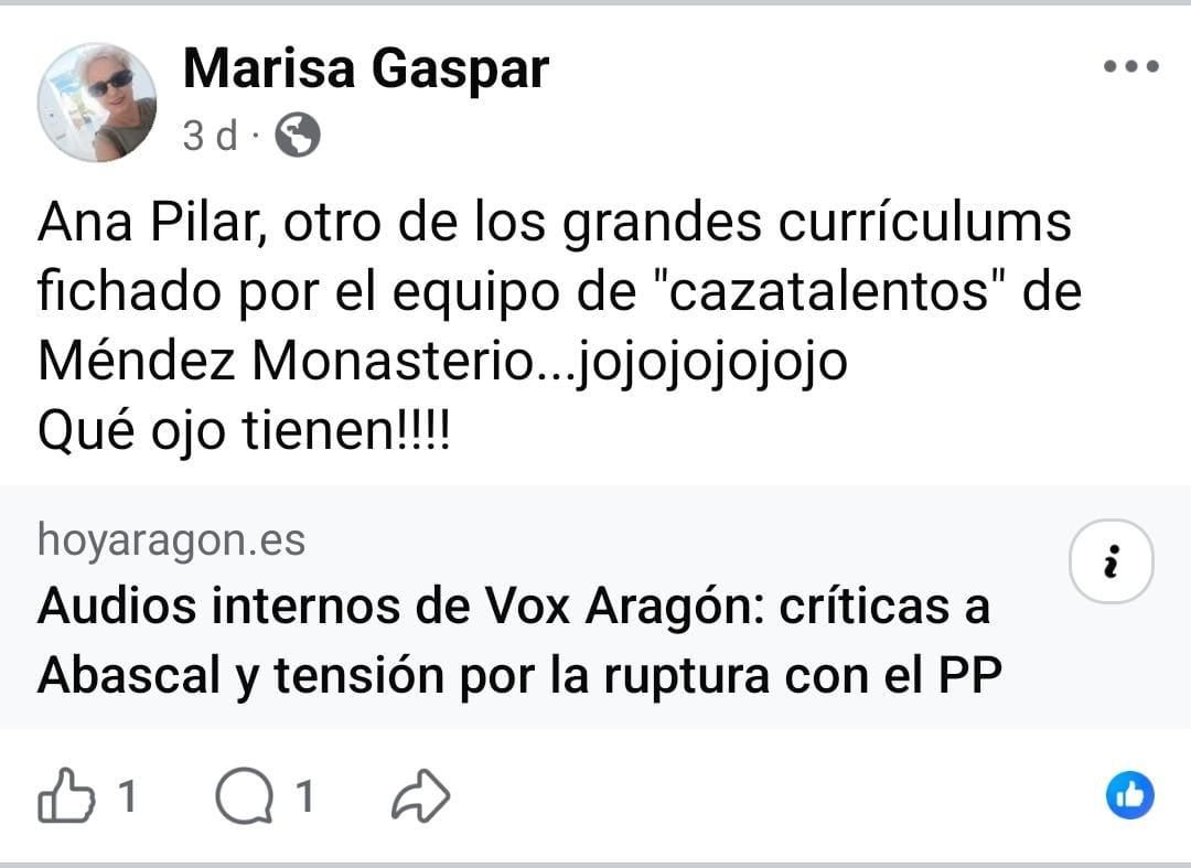Una de las publicaciones de Facebook de Marisa Gaspar