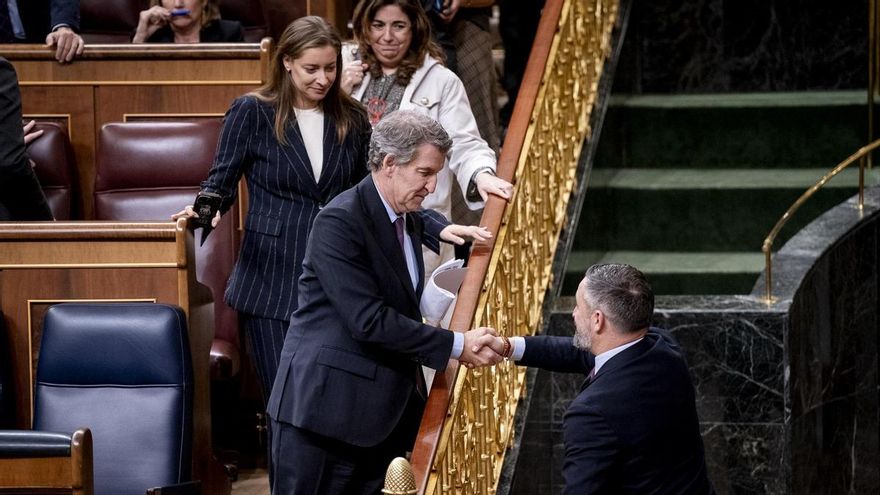 El presidente del PP, Alberto Núñez Feijoo, saluda al de Vox, Santiago Abascal, en el Congreso