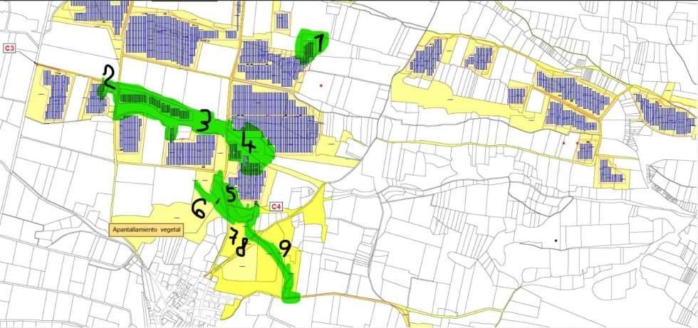 En verde, terrenos de Santiago Millas que se usarían para la planta y su 'autopista' eléctrica.