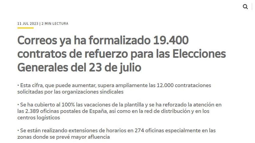 Extracto del comunicado emitido por Correos el 11 de julio de 2023.