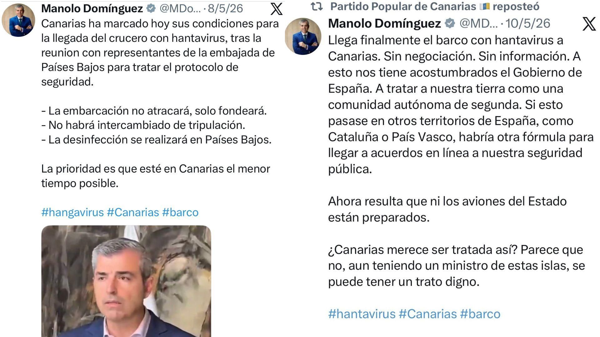 El 8 de mayo, Domínguez presumía en X de lo conseguido en las reuniones con el Estado para la llegada del Hondius a Canarias. El 10 de mayo, dos días después, la queja era “sin negociación”.