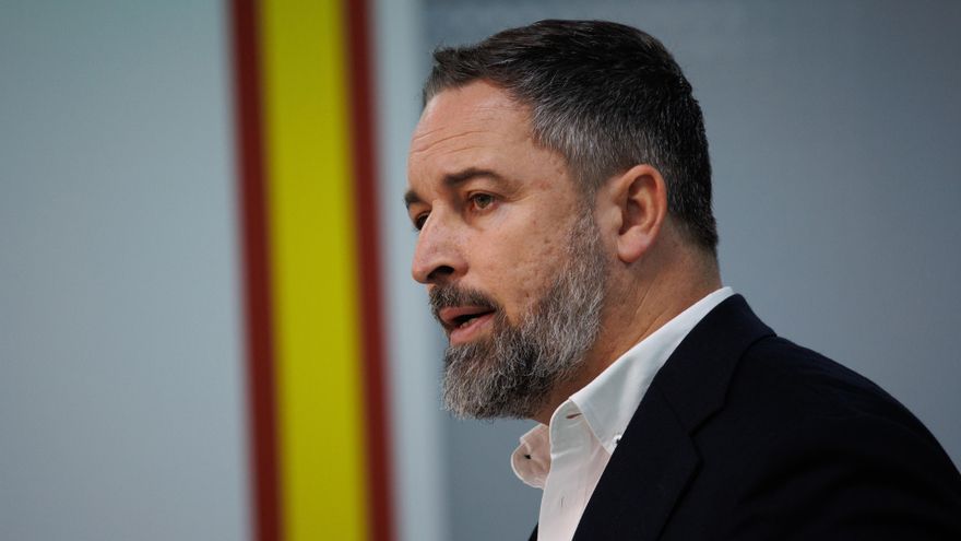 El líder de VOX, Santiago Abascal, durante una rueda de prensa en la sede nacional del partido.