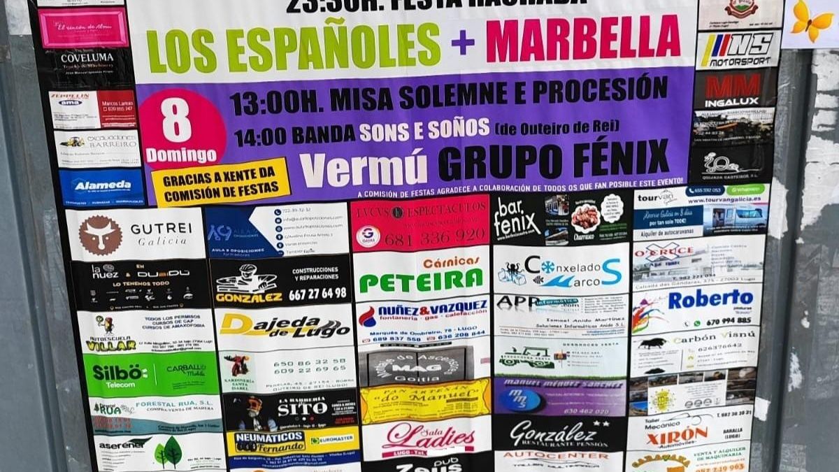 Cartel de las fiestas de San Martín de Guillar, en Outeiro de Rei (Lugo), con publicidad de un prostíbulo en la zona central inferior.